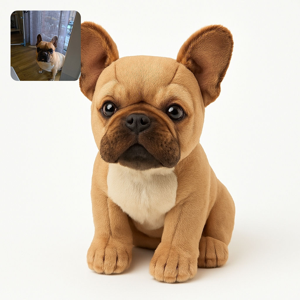 A charming French Bulldog sits attentively on a wooden floor in a cozy indoor setting, with soft natural light filtering through sheer curtains behind it, giving a warm and inviting vibe.