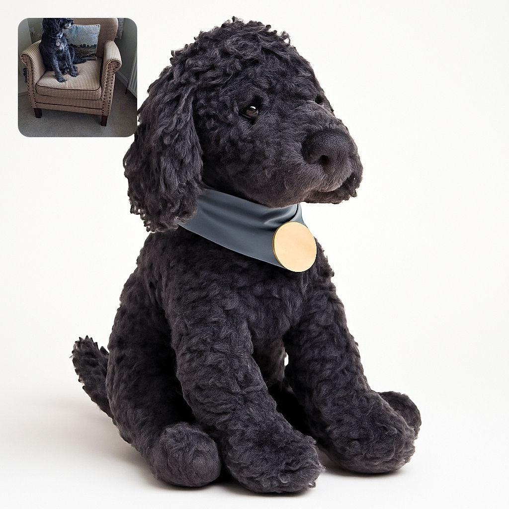 A fluffy black dog sits regally on a patterned armchair, gazing thoughtfully out of the window. The cozy room features floral wallpaper and a decorative cushion, creating a peaceful and homely atmosphere.
