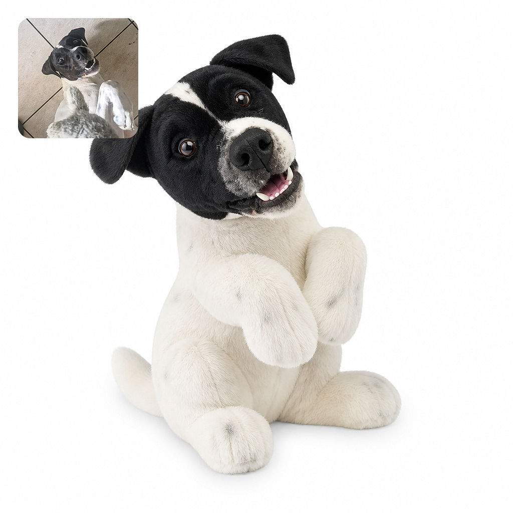 A delighted black-and-white dog lies on its back with paws in the air, looking like it just discovered the secret to happiness while a fluffy gray toy investigates its belly. The tiled floor completes this wonderfully goofy canine spa-session portrait.