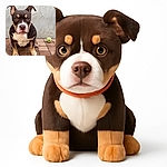 A serious-faced dog with floppy ears sits attentively on a tiled floor against a cracked concrete wall, eyeing the camera with a focused gaze. A green toy ball lies nearby, hinting at a playful moment paused.