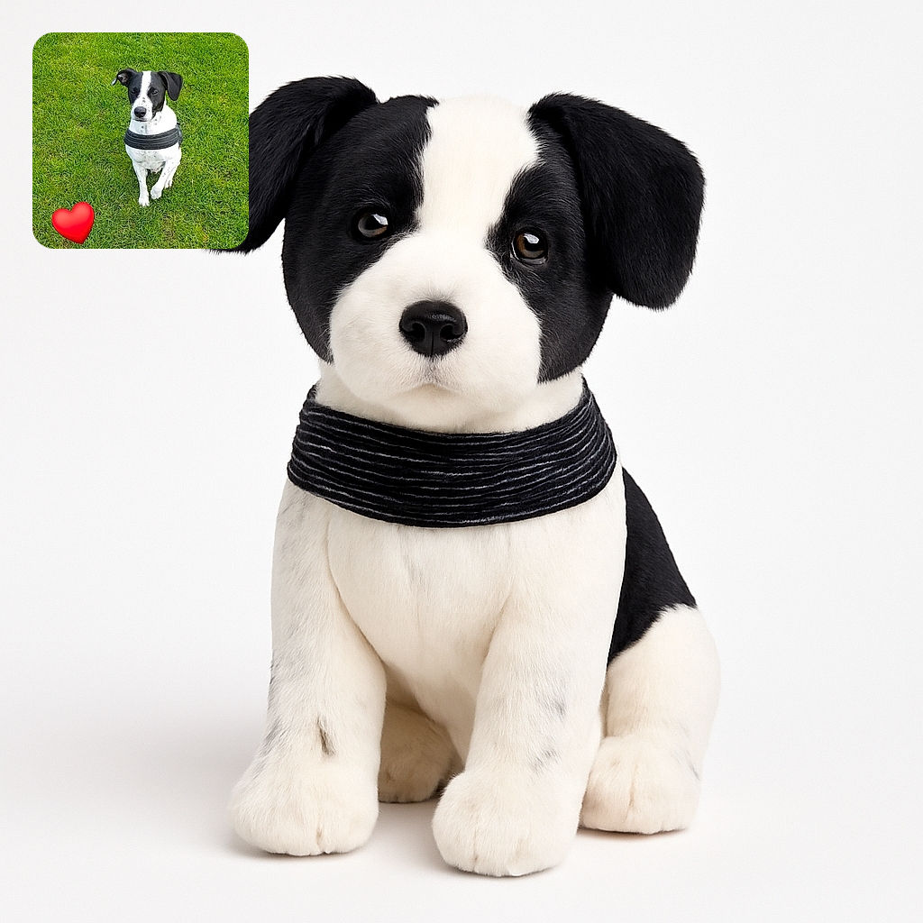 A charming black and white dog sits attentively on a lush green lawn, wearing a black harness. A large red heart emoji is placed on the grass nearby, adding a touch of affection to the scene.
