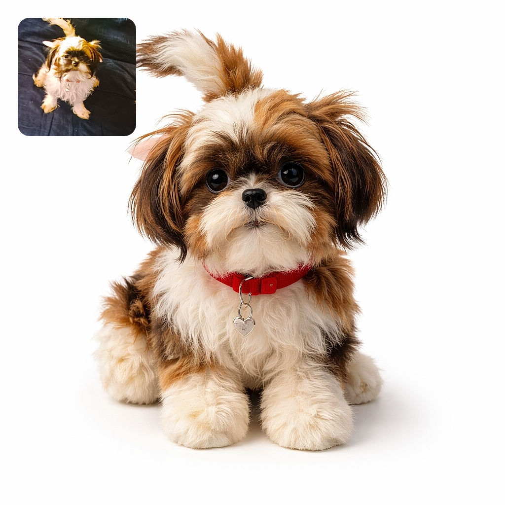 A fluffy small dog with a mix of white, brown, and black fur sits attentively on a dark fabric surface, looking up with curious eyes and a slightly tousled tail wagging in the air.