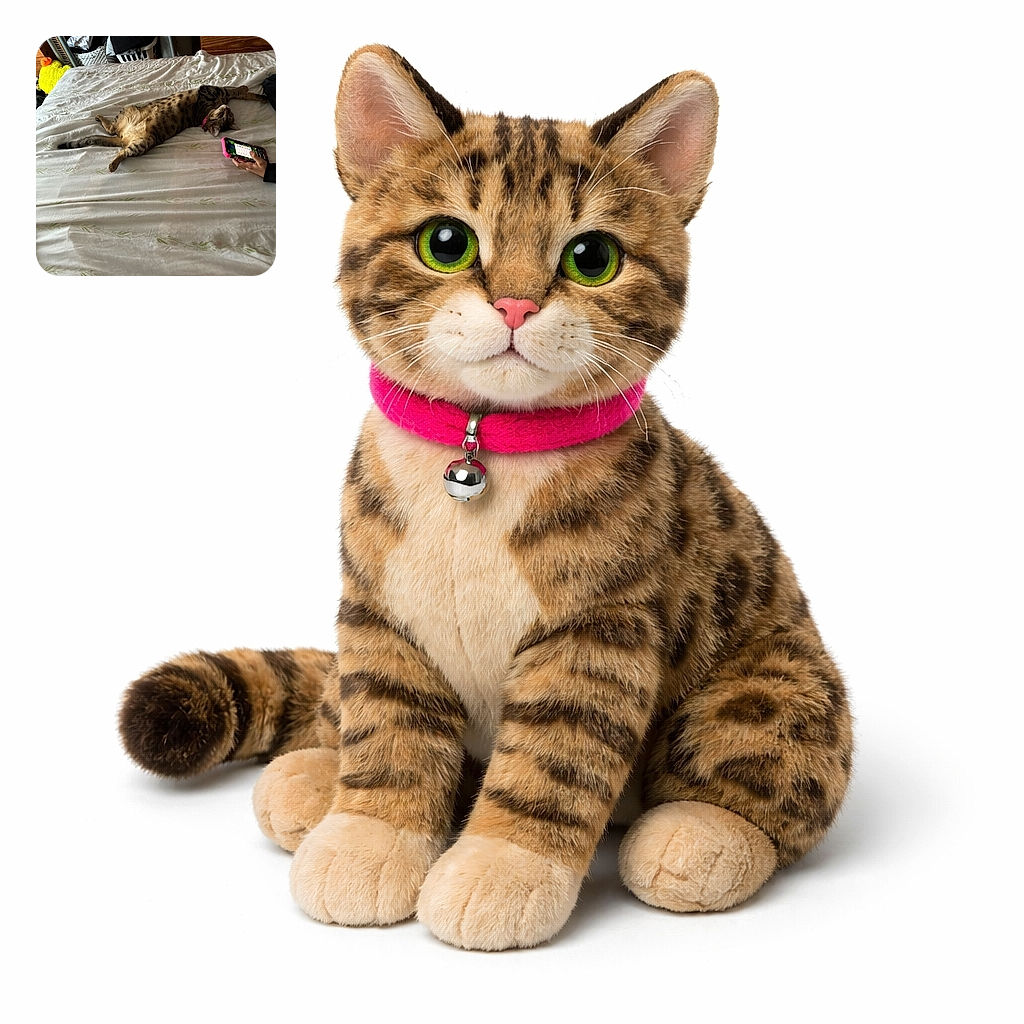 A tabby cat has claimed the bed like royalty, sprawled belly-up with a pink collar and a look of utter contentment while a human offers a glowing phone as tribute. A yellow plush peeks from the side and laundry baskets stage a quiet rebellion in the background.