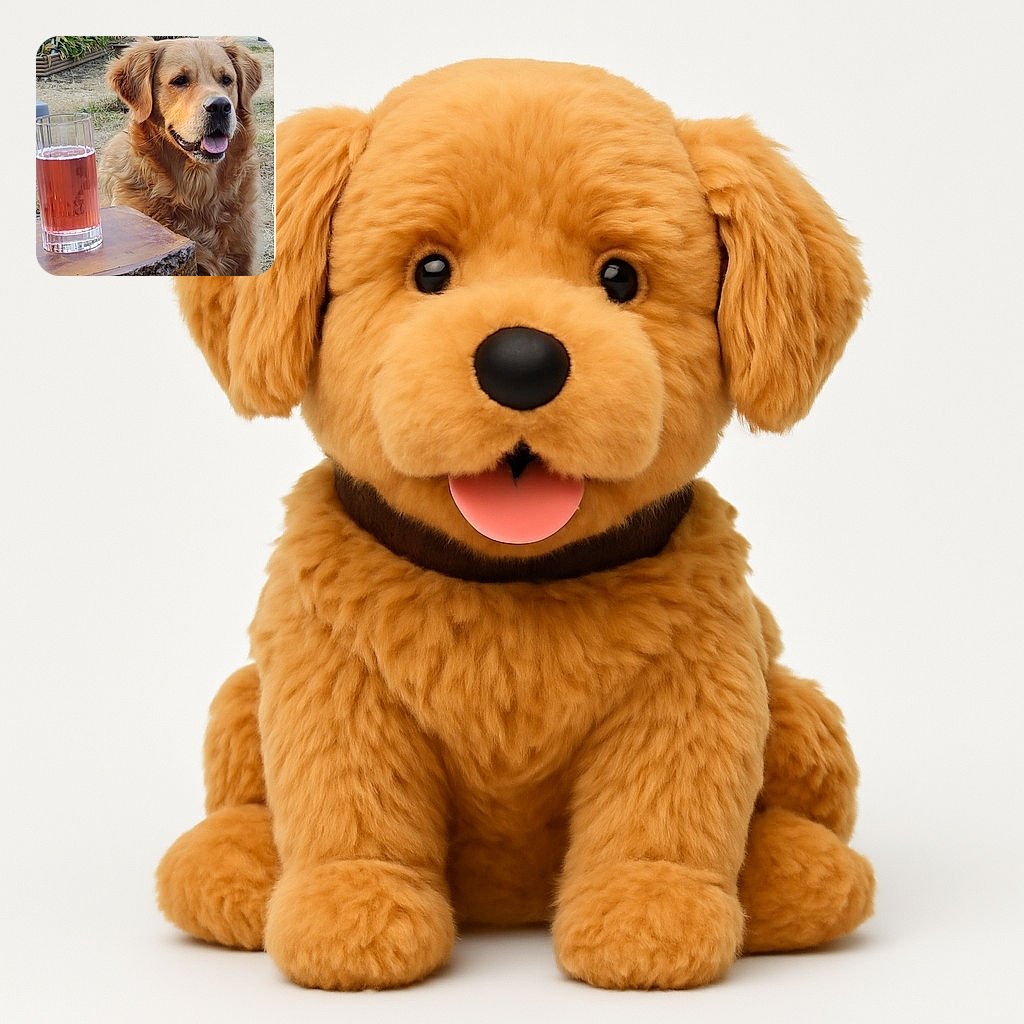 A fluffy golden retriever happily poses outdoors next to a rustic wooden table holding a glass of pink liquid, with a garden and plants softly blurred in the background.
