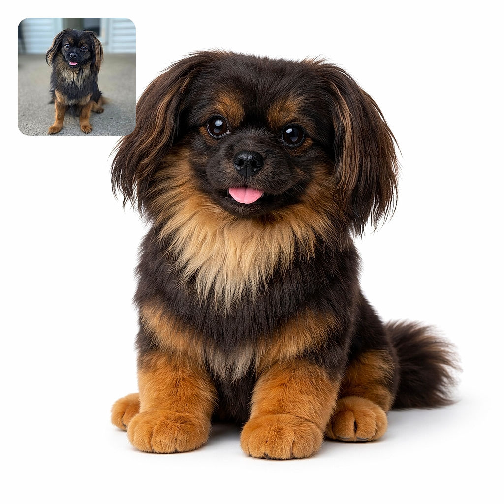 A fluffy, adorable dog with a shiny black and brown coat sits attentively on a concrete surface, its tongue playfully sticking out as if posing for a professional pet photoshoot with a softly blurred background.