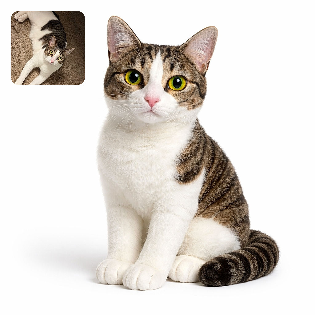 A curious tabby and white cat with striking yellow eyes lounges comfortably on a soft brown carpet, stretching its front paws forward as if reaching for an invisible toy, with a calm and attentive gaze.