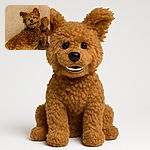 A fluffy brown dog is lying on a beige carpet, clutching a stuffed toy with a mischievous grin that looks like it has fake teeth, creating a humorous and adorable scene.