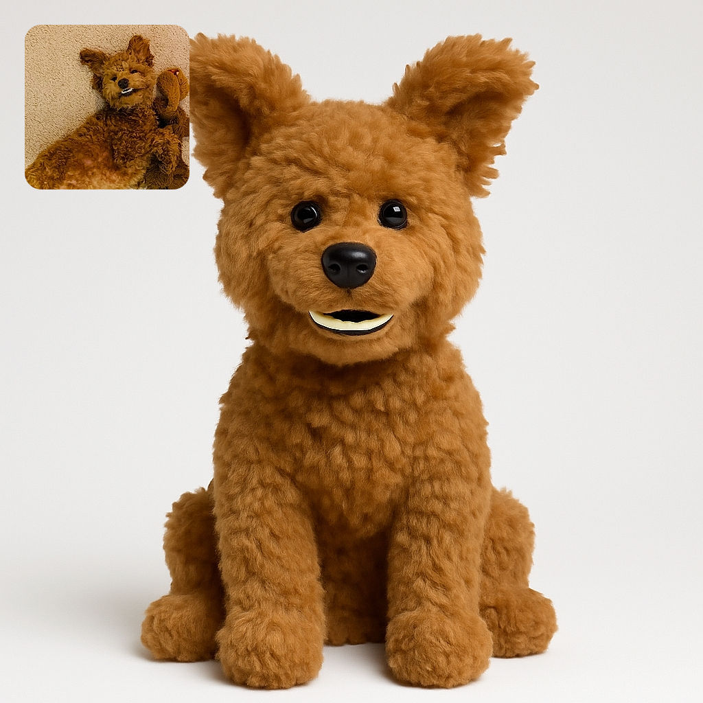 A fluffy brown dog is lying on a beige carpet, clutching a stuffed toy with a mischievous grin that looks like it has fake teeth, creating a humorous and adorable scene.