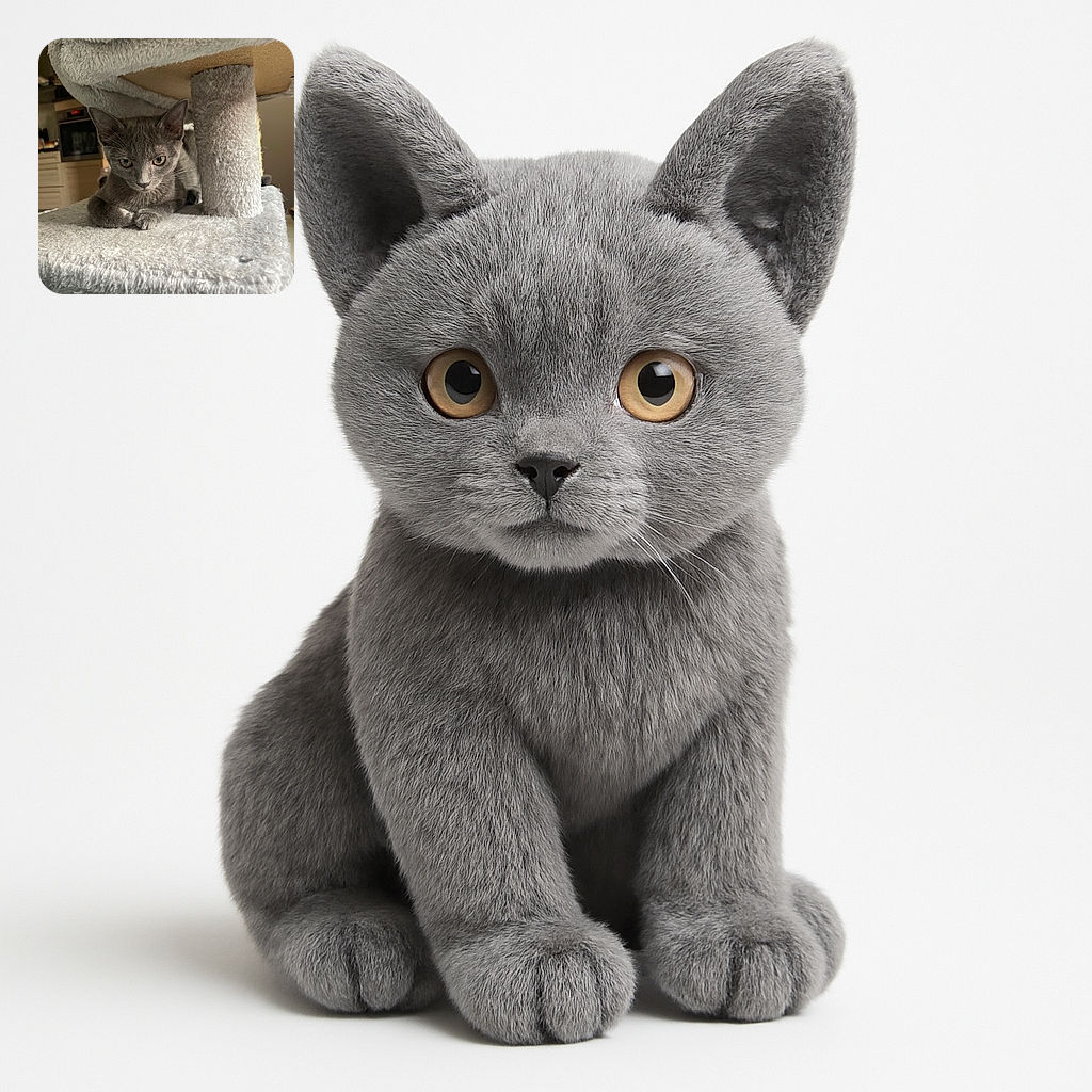 A curious gray kitten lounges on a soft, fuzzy cat tree platform, peeking out with alert eyes and delicate paws tucked beneath its body, basking in warm indoor light with a cozy kitchen background.