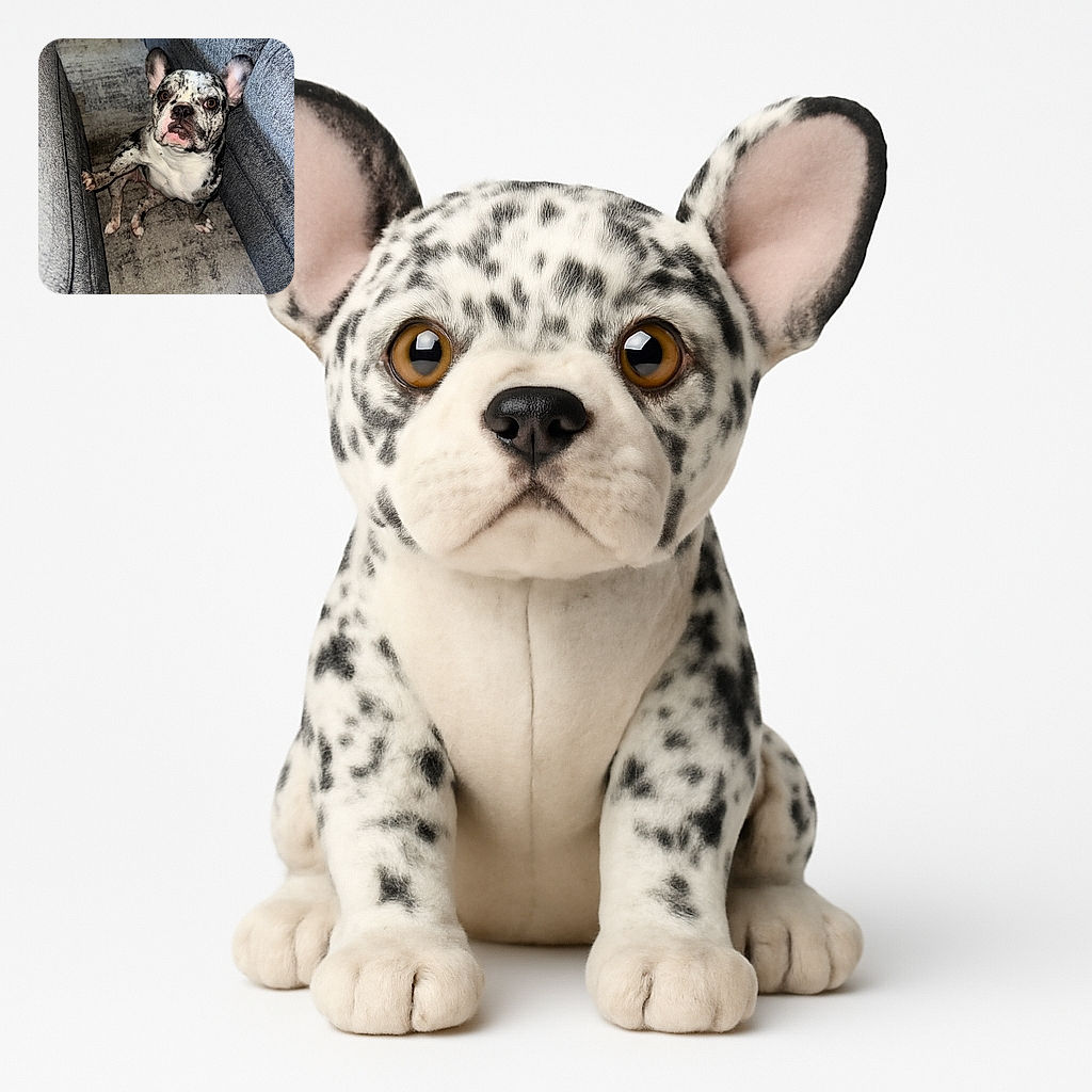 A charming merle French Bulldog sitting between two gray couches on a textured carpet, looking up with a curious and slightly goofy expression, as if caught mid-thought or mid-gesture.