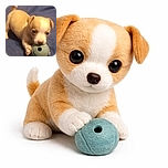 A tiny puppy with a light brown and white coat is playfully biting a round toy on a blue fabric surface, looking adorably curious and energetic.