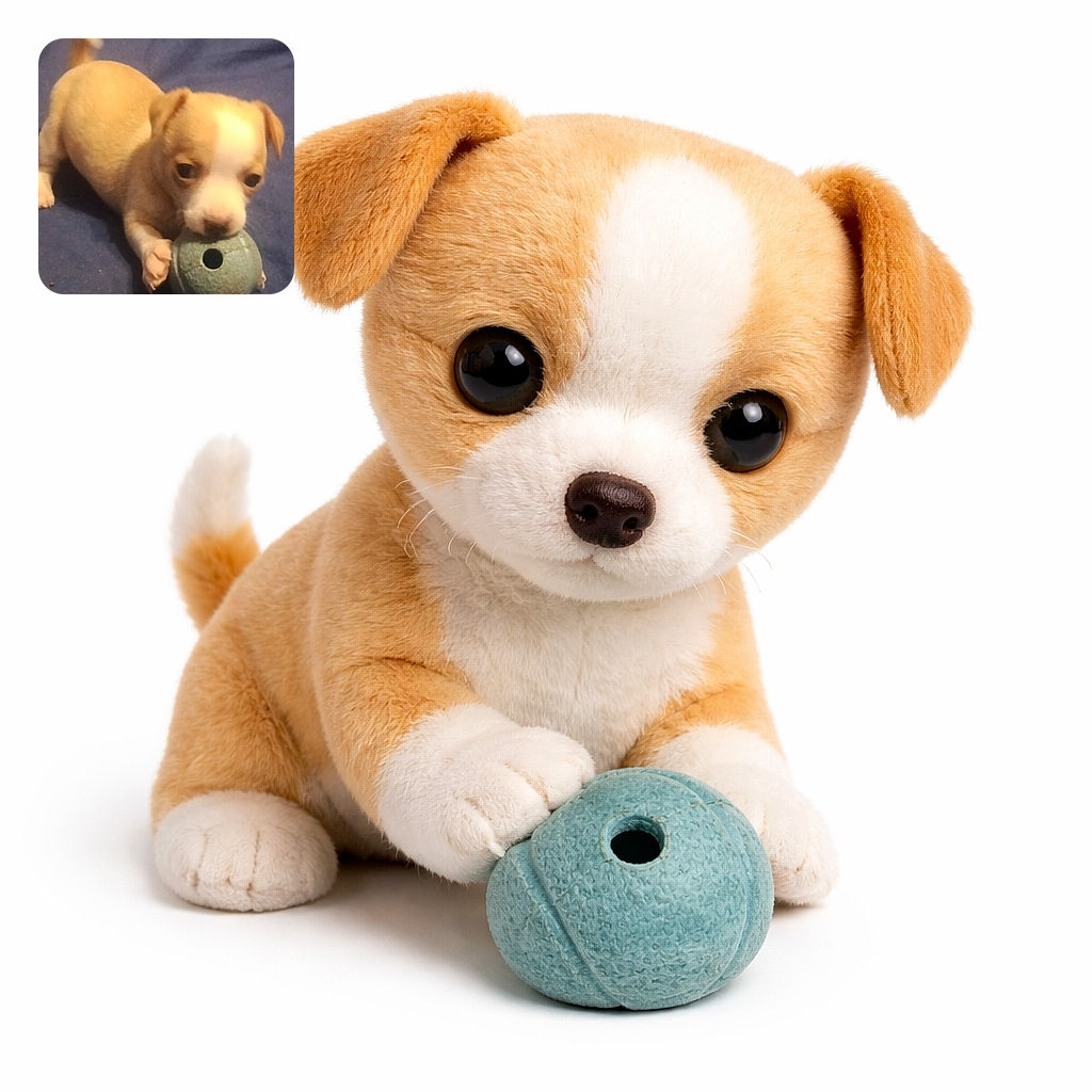 A tiny puppy with a light brown and white coat is playfully biting a round toy on a blue fabric surface, looking adorably curious and energetic.