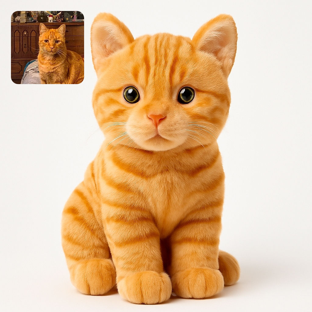 A serious-looking orange tabby cat sits proudly on a bed with a cluttered wooden dresser in the background filled with various knick-knacks and stuffed animals, creating a cozy yet chaotic home vibe.