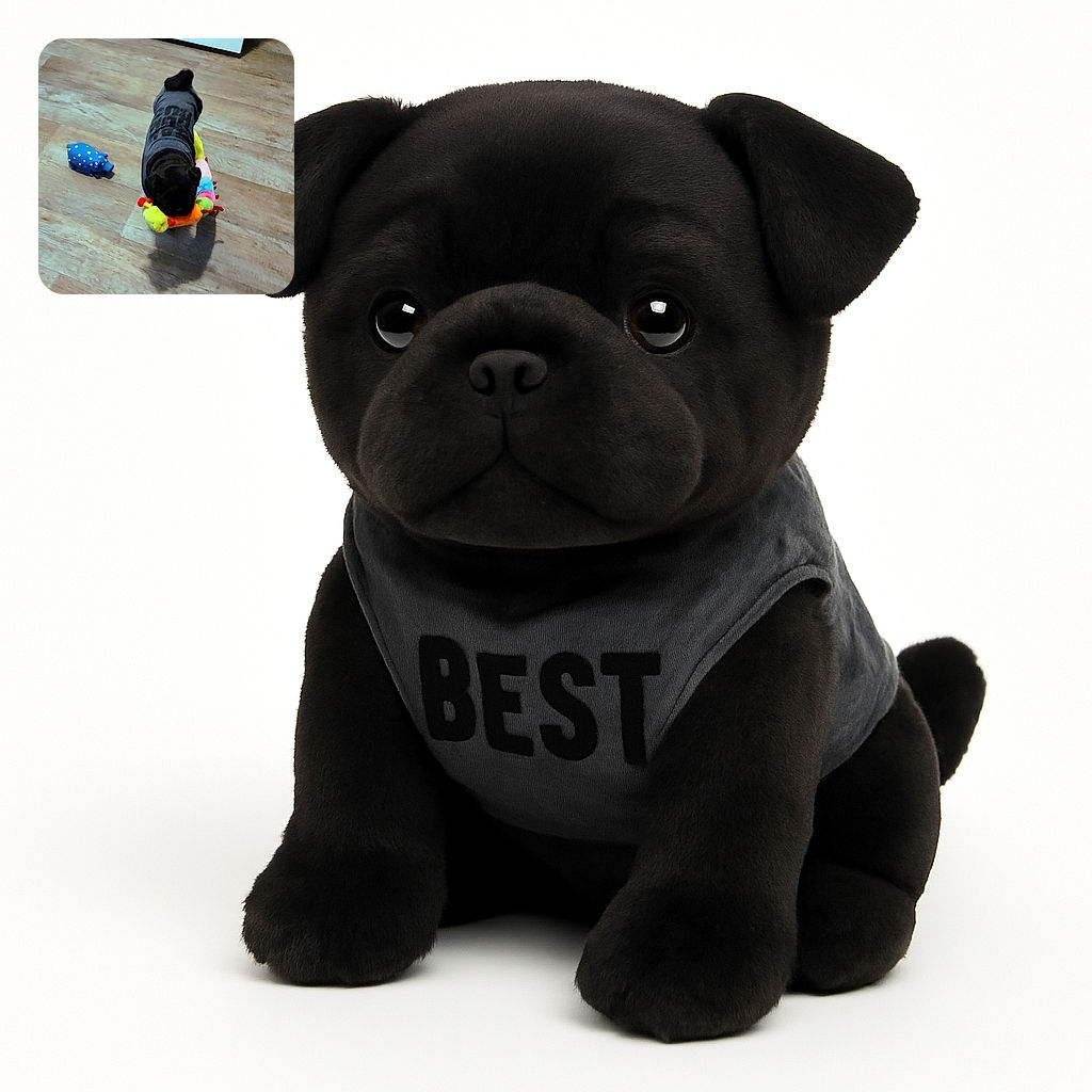 A playful black dog wearing a dark shirt is on a wooden floor, clutching a colorful plush toy in its mouth. Nearby, a blue polka-dotted toy lies on the floor, adding to the playful indoor scene.