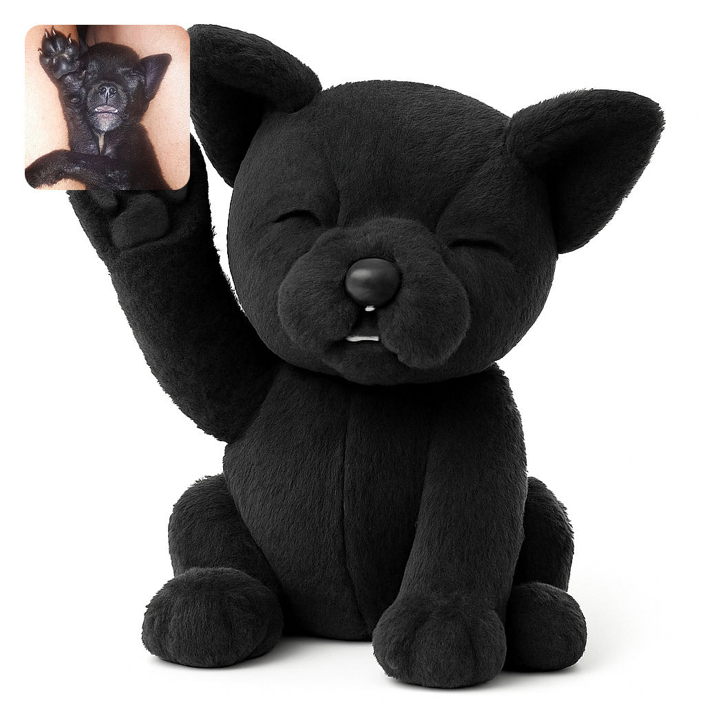 A tiny black puppy is caught mid-nap with one paw raised high, looking like it's giving a sleepy high-five or casting a magical spell. Its little teeth peek out as it snoozes between bare legs, creating an irresistibly cute and funny moment.