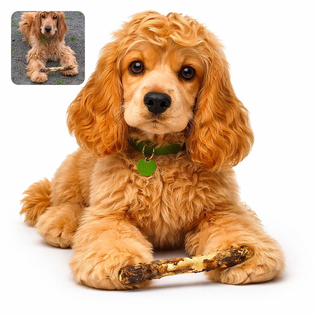A fluffy golden dog lays on a gravelly ground clutching a gnarly stick between its paws, looking straight at the camera with a calm and slightly curious expression.