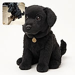 A fluffy black dog sits patiently on a light wooden floor, casting a long, distinct shadow that almost looks like a silhouette of a wolf. The dog’s shiny coat and soulful eyes make it look like it's ready for a treat or a belly rub.
