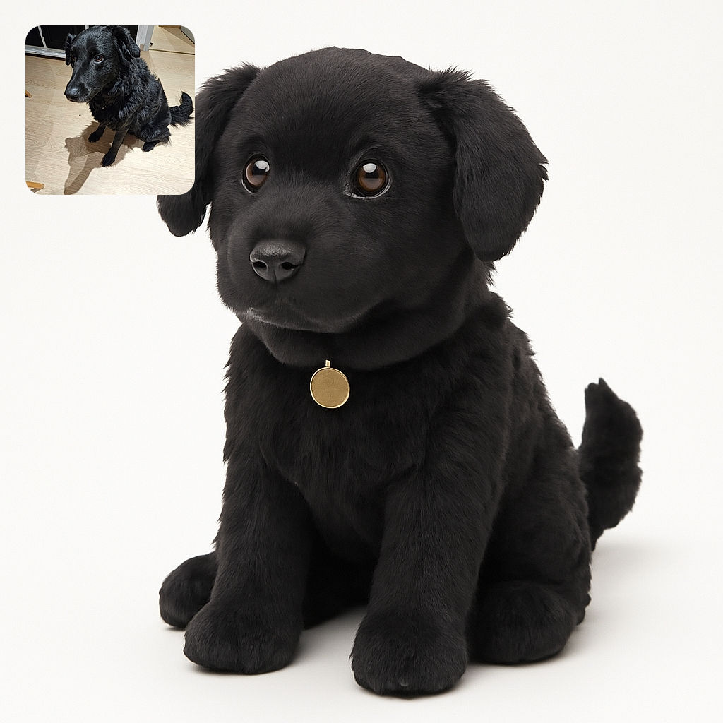 A fluffy black dog sits patiently on a light wooden floor, casting a long, distinct shadow that almost looks like a silhouette of a wolf. The dog’s shiny coat and soulful eyes make it look like it's ready for a treat or a belly rub.