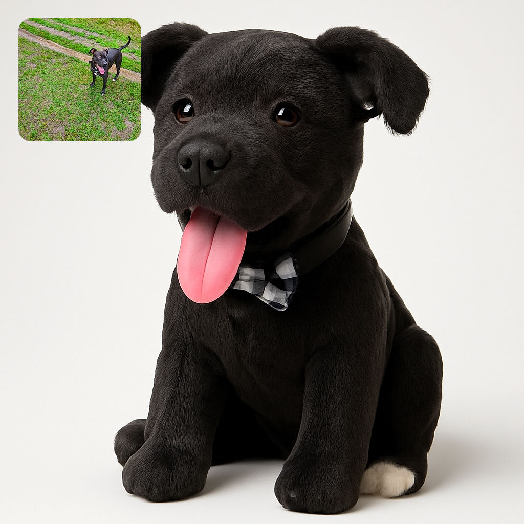 A happy black dog with a shiny coat and tongue out stands on a grassy patch next to a muddy trail, looking off to the side as if spotting a squirrel or planning its next adventure.