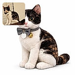 A curious calico cat with a bowtie collar is perched on a brown surface, staring intently with wide eyes. The background is a textured beige wall and white blinds, giving a cozy indoor vibe.