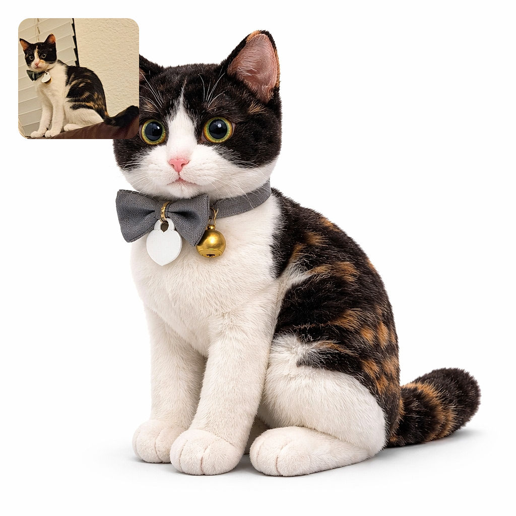A curious calico cat with a bowtie collar is perched on a brown surface, staring intently with wide eyes. The background is a textured beige wall and white blinds, giving a cozy indoor vibe.