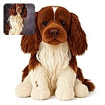 A majestic brown and white dog with long, wavy fur poses solemnly against a textured gray backdrop, looking like the furry philosopher of the photo studio.