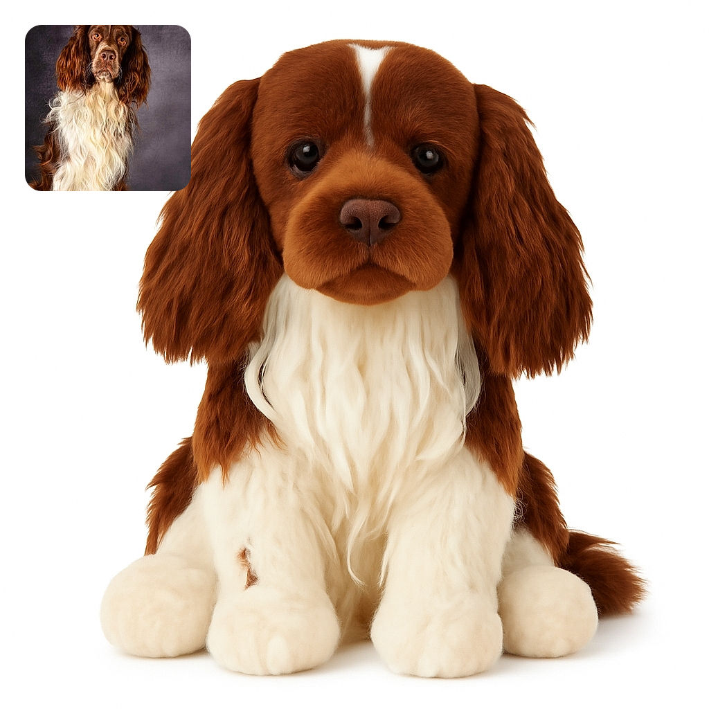 A majestic brown and white dog with long, wavy fur poses solemnly against a textured gray backdrop, looking like the furry philosopher of the photo studio.