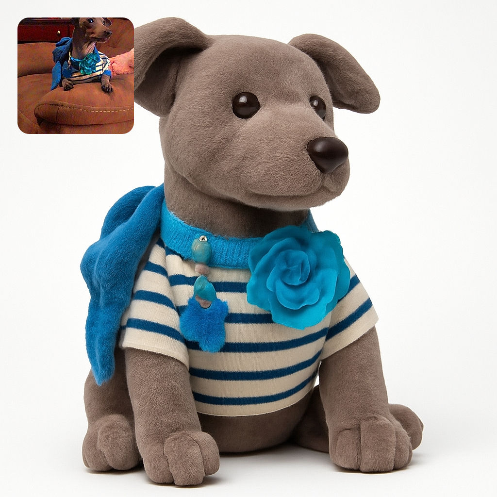 A small dog dressed in a striped shirt with a large blue flower accessory lounges on a cozy brown armchair, gazing attentively to the side. The background shows a cluttered table with various items and a colorful wall decoration, creating a warm, lived-in atmosphere.