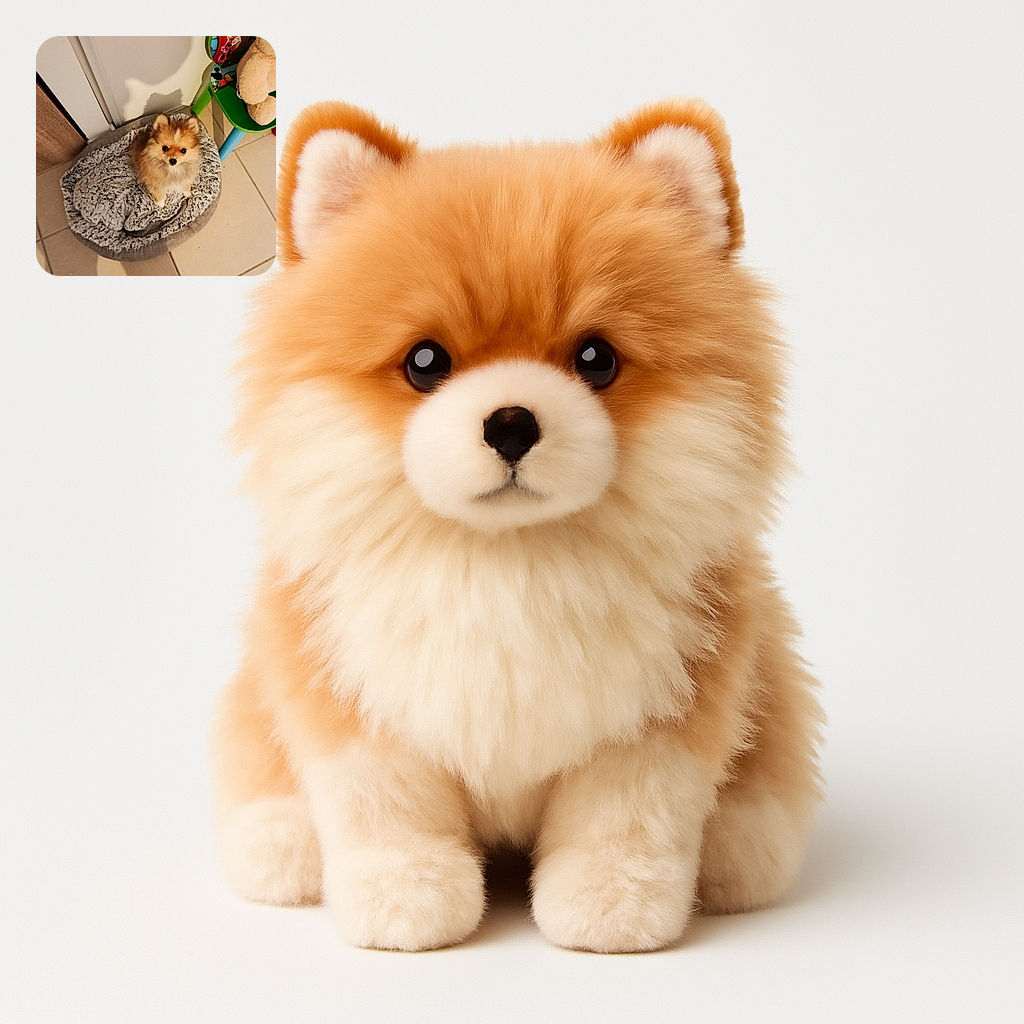 A fluffy little dog sits adorably in a cozy gray pet bed, looking up with big, curious eyes. The scene is set on a tiled floor near a colorful children's chair with a stuffed animal, casting a cute shadow that almost looks like a cat's silhouette on the wall.