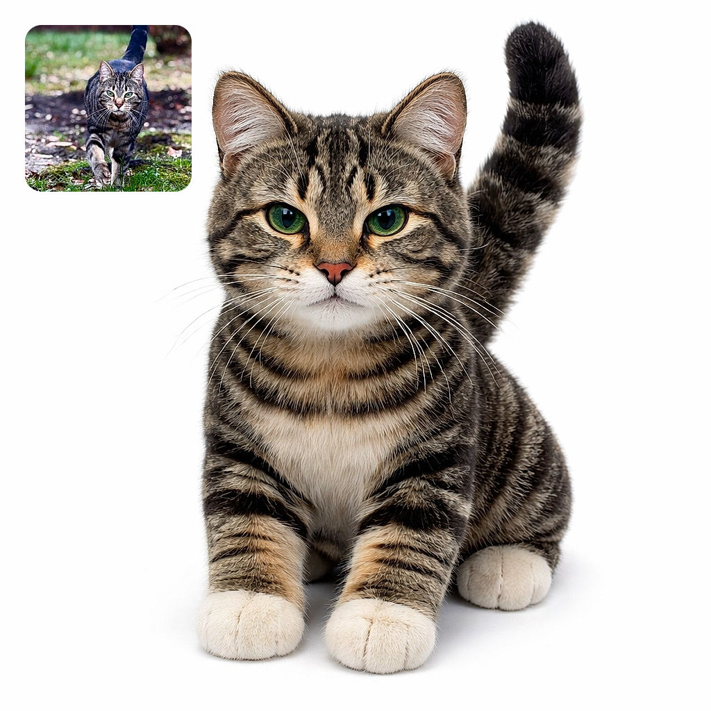 A majestic tabby cat confidently strides towards the camera, its green eyes piercing and focused. The background is softly blurred with natural greenery and earthy tones, highlighting the cat as the clear star of this outdoor portrait.