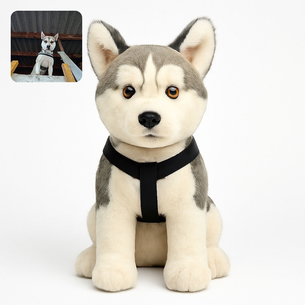 A curious dog with striking eyes peers down from a ledge inside a rustic wooden structure, wearing a harness and looking like the boss of the barnyard.