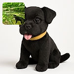 A happy black dog stands on a mossy rock by a clear forest stream, tongue out and looking back as if inviting you to join the cool adventure in the lush green woods.