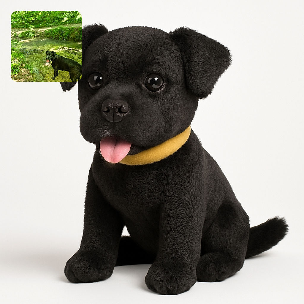 A happy black dog stands on a mossy rock by a clear forest stream, tongue out and looking back as if inviting you to join the cool adventure in the lush green woods.