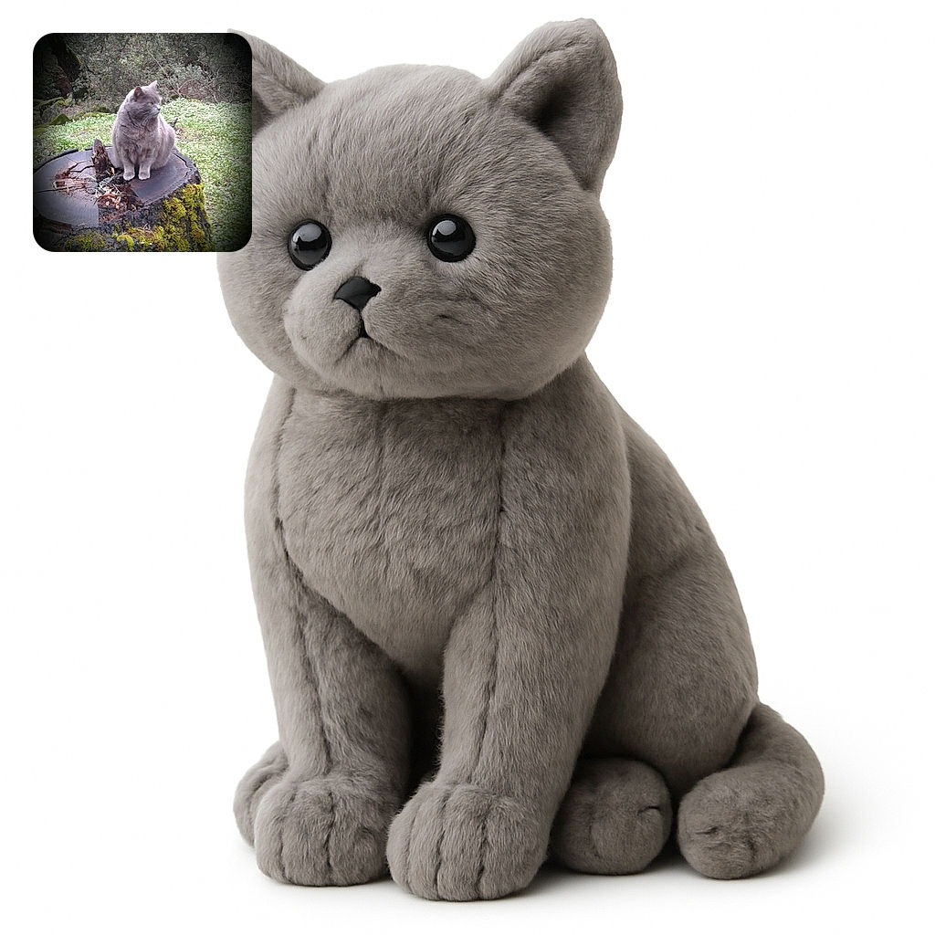 A fluffy gray cat sits majestically on a moss-covered tree stump in a lush forest clearing, looking off to the side as if guarding its woodland kingdom. The natural lighting and soft focus around the edges give the photo a dreamy, almost mystical vibe.