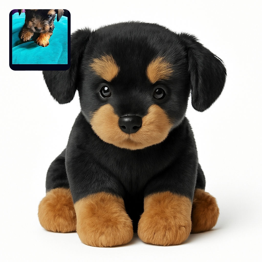 A fuzzy little puppy with a mix of black and tan fur is perched on a bright teal cushion, looking adorably curious but slightly blurry as if caught mid-wiggle. The background shows a purple pillow and some furniture, adding a cozy home vibe.