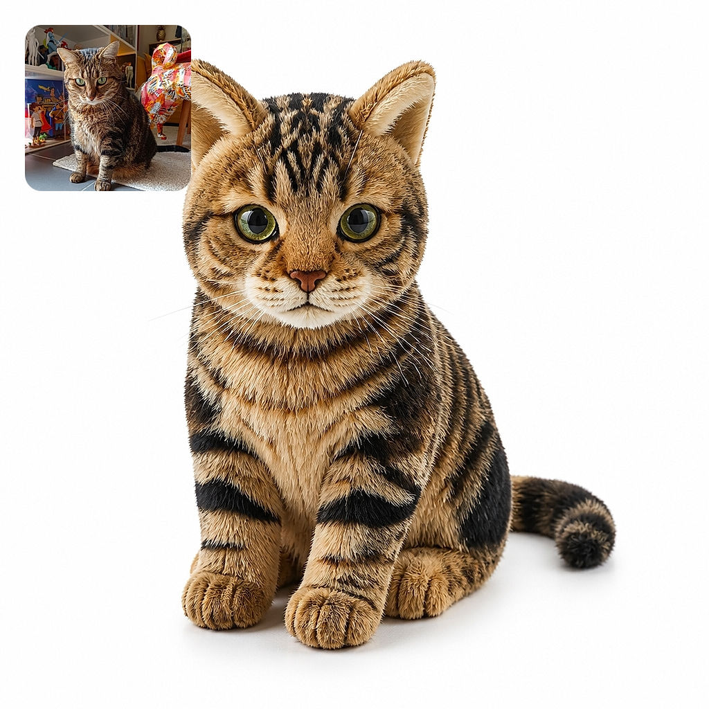 A dignified tabby cat sits squarely in the spotlight, staring into the camera like the stern curator of a tiny museum. Behind it, shelves of figurines and books create a wonderfully busy backdrop, while a colorful abstract sculpture appears to be auditioning for the role of the cat’s chaotic sidekick.
