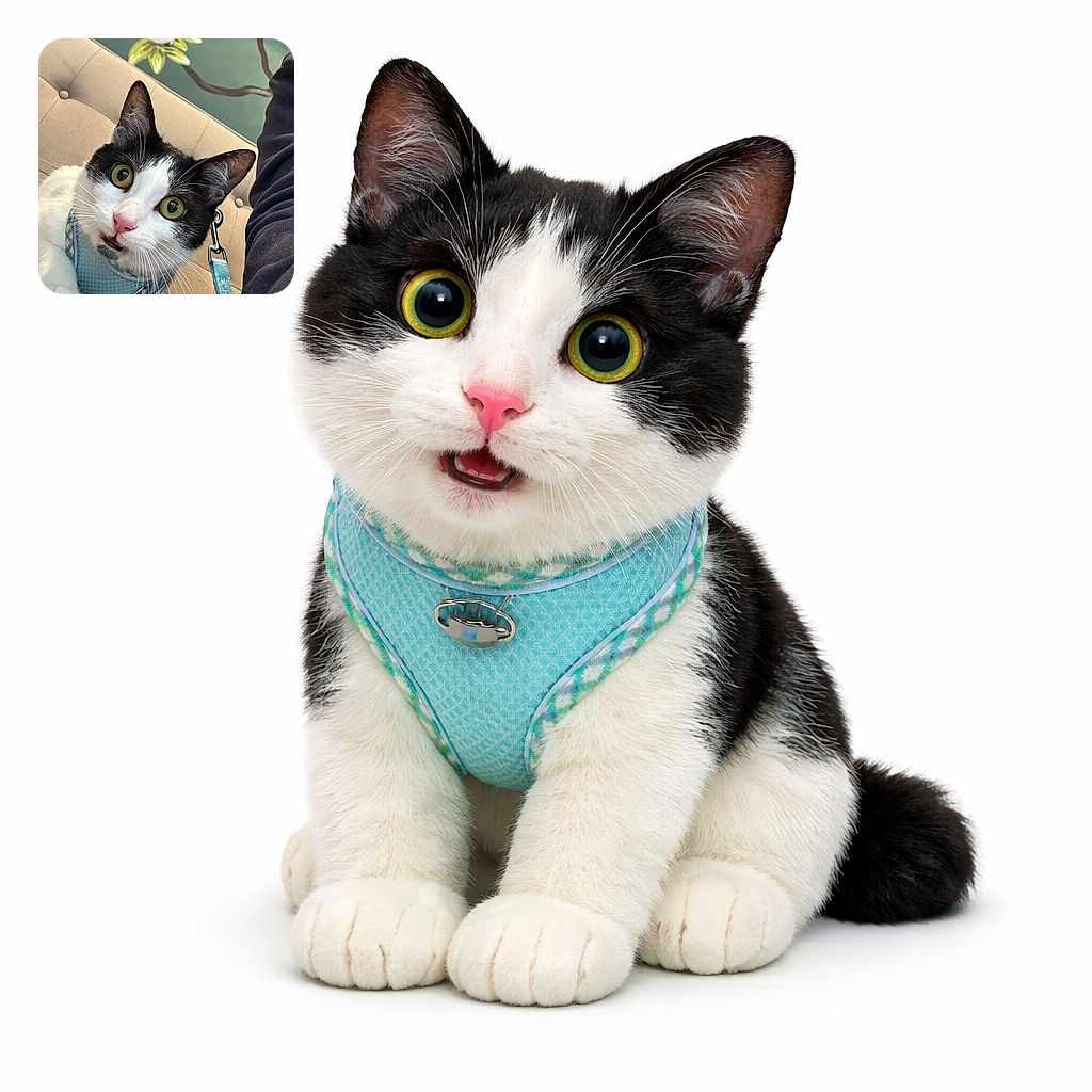 A wide-eyed tuxedo cat in a teal harness stares straight into the camera like it just uncovered the secret of the universe (or a hidden treat). Whiskers forward, pink nose on display, paws curled on a tufted sofa cushion with floral wallpaper behind; a human arm and leash peek in as if to say 'I brought you here, hooman.' Pure curious-cat energy.