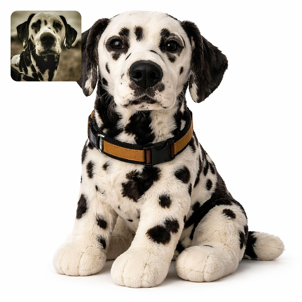 A soulful spotted dog stares into the lens with a dramatic oversized nose and floppy ears, wearing a sturdy harness; the sepia treatment and shallow depth-of-field turn a simple outdoor moment into a vintage portrait of ultimate doggo dignity.
