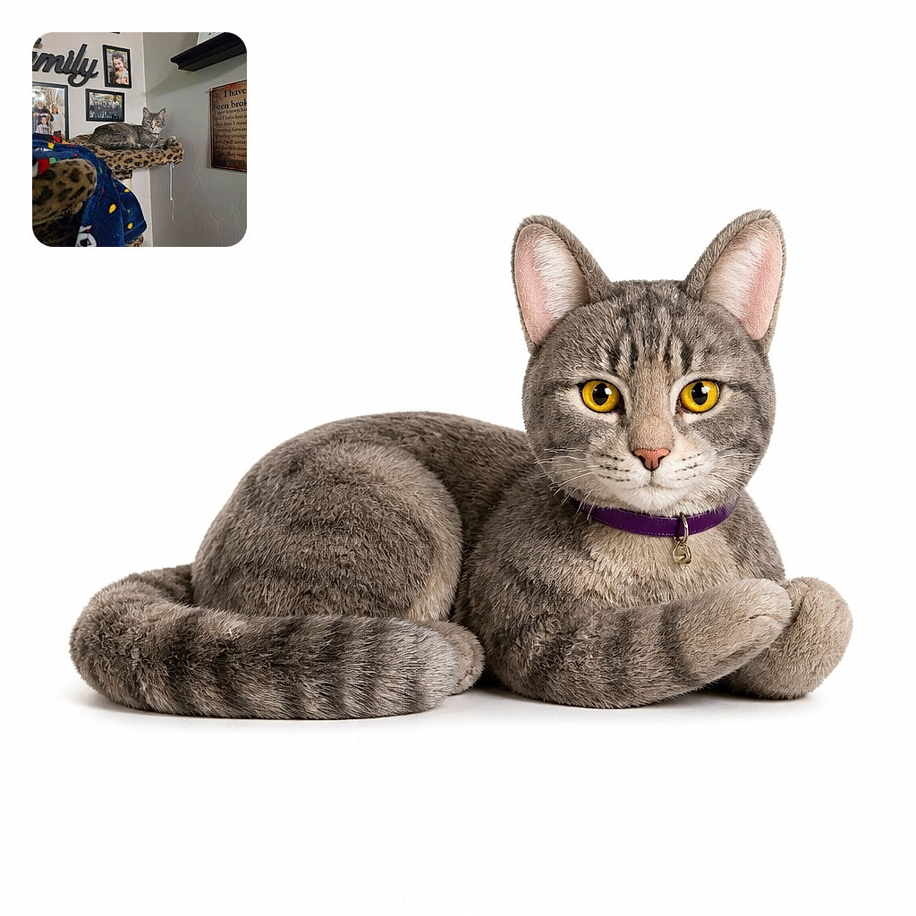 A dignified gray cat lounges on a leopard-print cat tree like the tiny landlord of a very sentimental gallery, calmly supervising family portraits, inspirational wall art, and a colorful blanket from its plush throne.