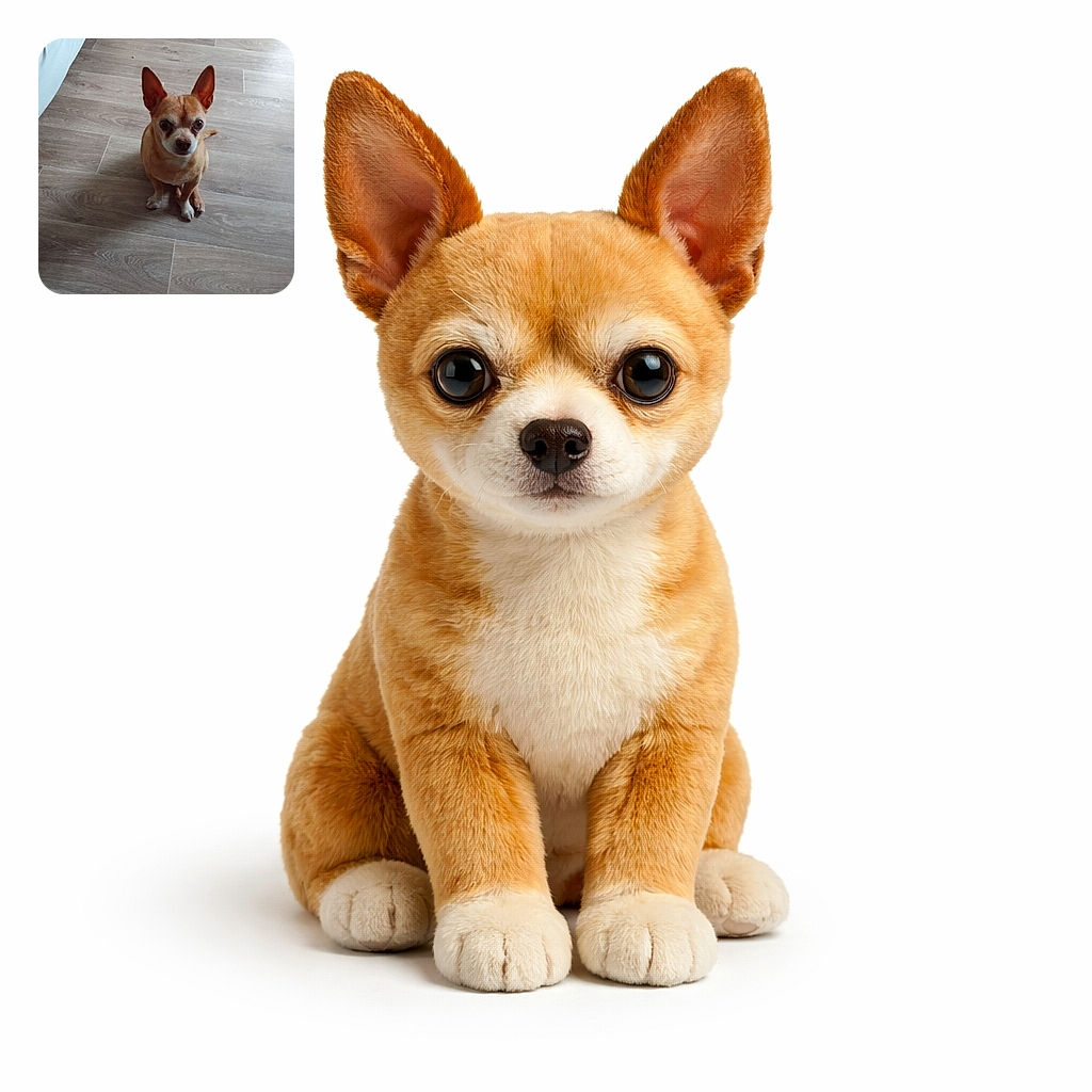 A tiny tan chihuahua sits on a wood floor staring up with impossibly large ears like satellite dishes — serious face, suspiciously patient stare, and the whole scene screams "treat?" against a minimal indoor background.