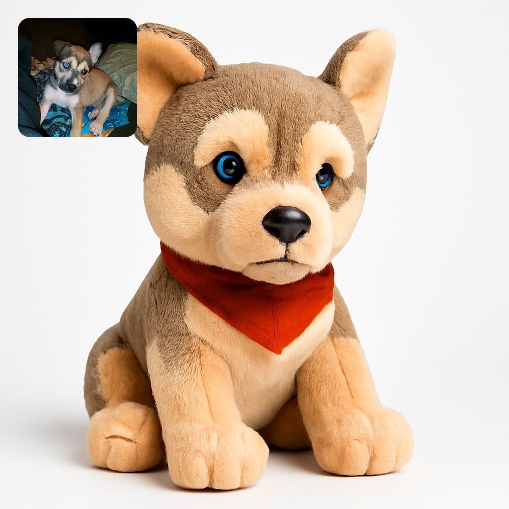 A cute puppy with one striking blue eye lounges on a colorful blanket, looking curiously off to the side. The photo is a bit blurry but captures the puppy's playful and innocent vibe perfectly.