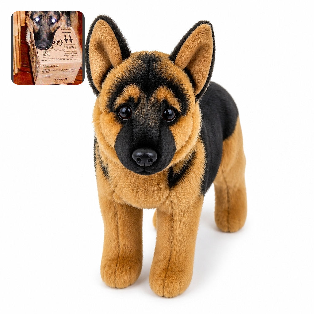 A German shepherd is attempting the ultimate cardboard disguise, standing proudly inside a shipping box with its long ears poking out like a furry antenna and its paws doing all the heavy lifting.