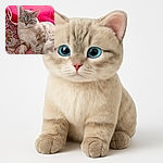 A fluffy cream-colored cat with striking blue eyes lounges elegantly on a patterned pink and red fabric, looking curiously at the camera with an air of regal relaxation.