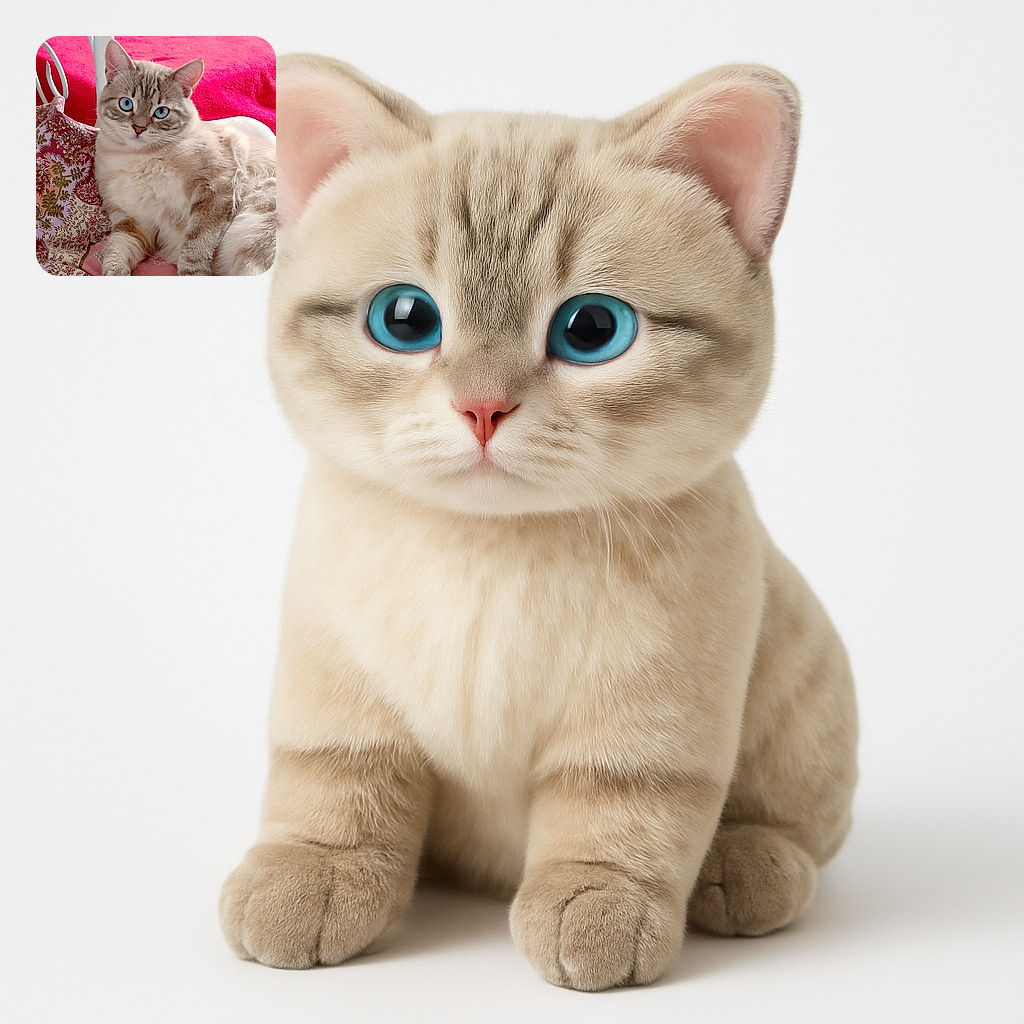A fluffy cream-colored cat with striking blue eyes lounges elegantly on a patterned pink and red fabric, looking curiously at the camera with an air of regal relaxation.