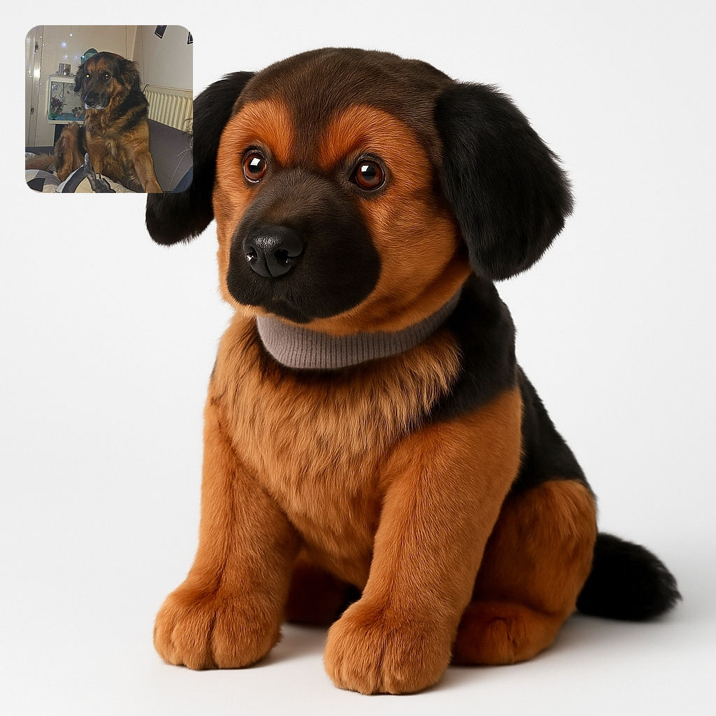 A large, fluffy dog with soulful eyes lounges on a couch, one paw resting gently on a person's arm while they scroll on their phone. The cozy room is decorated with string lights, framed photos, and a small aquarium, creating a warm and homely atmosphere.