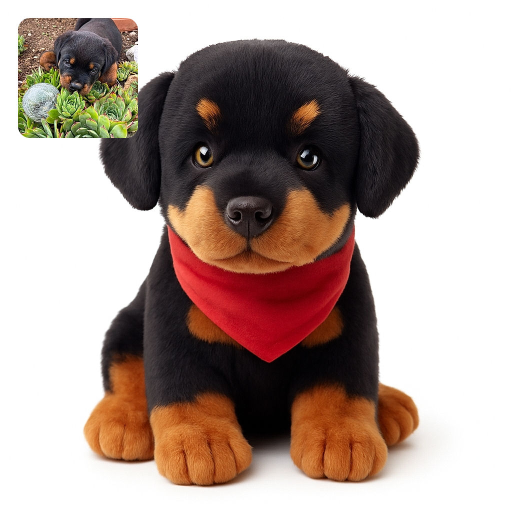 A curious Rottweiler puppy is nestled among vibrant green succulents, peering intently at the camera with soulful eyes. The earthy garden background and the cracked glass orb add a touch of rustic charm to this heartwarming outdoor scene.