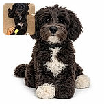 A fluffy black and white dog lounges on a beige carpet surrounded by toys, including a bright yellow tennis ball and a giraffe plush, looking adorably attentive as if guarding its treasures.