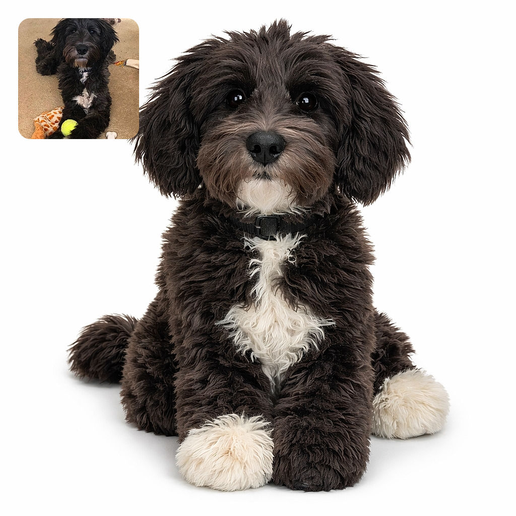 A fluffy black and white dog lounges on a beige carpet surrounded by toys, including a bright yellow tennis ball and a giraffe plush, looking adorably attentive as if guarding its treasures.