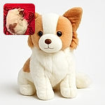 A small dog is curled up and sleeping peacefully on a vibrant red blanket decorated with large rose patterns, blending cozily into the floral backdrop.