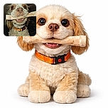A close-up shot of an adorable dog holding a large bone in its mouth, with wide eyes and a slightly goofy expression. The dog's orange collar adds a pop of color against the dark background, making the pup the undeniable star of the photo.